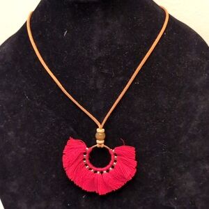 Brown Leather and Wood Beaded Necklace with Red Fan Tassel Focus
